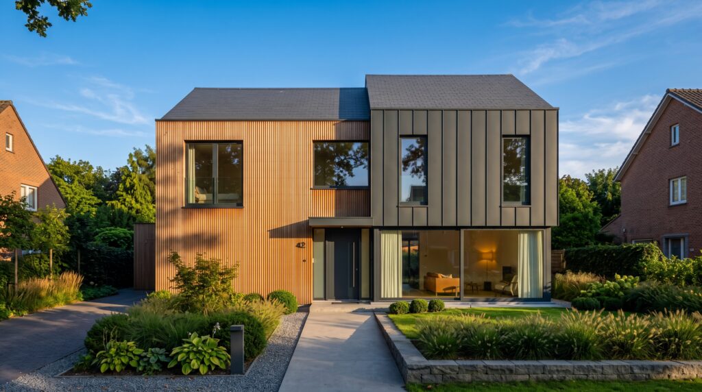 Gerenoveerde woning met moderne gevelbekleding in hout en aluminium