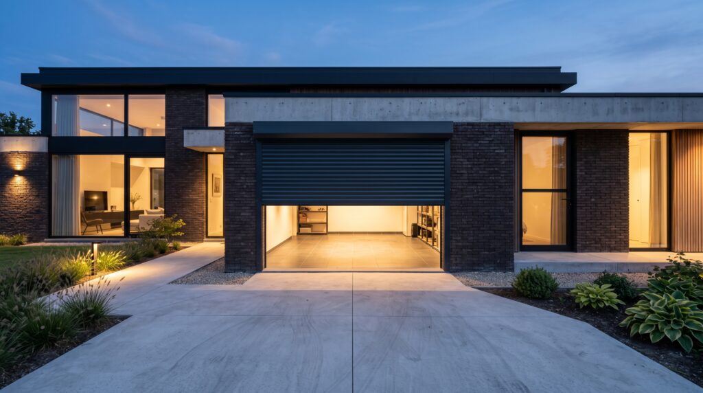 Aluminium rolpoort half geopend in de garage van een moderne woning