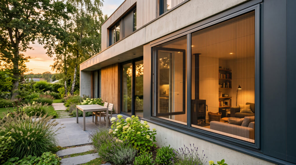 Moderne woning met een vliegenraam in de raamopening op een zomeravond